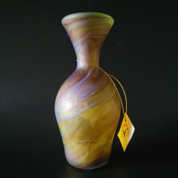 Handblown Phoenician Style Vase, Phonecician Bud Vase Brown and Blue 5.375" - Picture 3 of 8